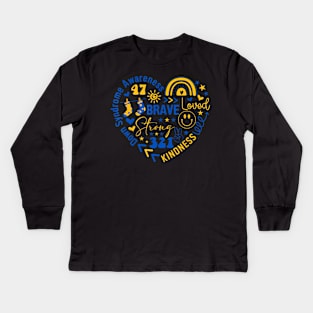 World Down Syndrome Day Awarenes 3.21 Blue And Yellow Heart Kids Long Sleeve T-Shirt